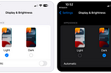 Light mode and dark mode controls on iPhone.