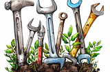 A colour pencil sketch of some tools growing like plants out of soil. A hammer and six spanners. Image generated by Midjourney, hence the weirdly shaped hammer.