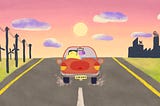 A duck character driving a red car down an empty road towards the sunset. There are wind turbines and electrical poles on the left, and a city skyline to the right.