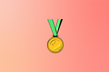 A gold medal with a relief of a star, hanging on a green ribbon on a pink gradient background.