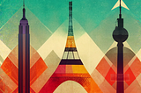 A colorful art deco illustration of many famous landmarks in the world, like the Empire State Building, the Fernseherturm, and Eiffel Tower