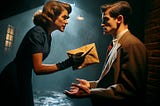 A woman in 50's style dress confronts a man with a brown envelope in a dark alley