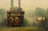 A huge library shelf with machinery around standing in a foggy fantasy like nature scenery. There is also another, smaller machine like object that seems to also contain books.