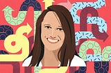 A digital illustration of a smiling white woman with long brown hair, wearing a whiteT-shirt.The background is red-orange with green, yellow, blue, and black looping, twisting, and interlocking arrows.