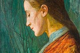 portrait of a reflective person with closed eyes and bowed head wearing orange against a teal background