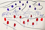 Ink and color sketch of a caravan moving through a landscape of red tulips and dark violet forms.