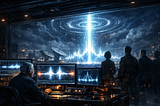: Wide science‑fiction illustration of an underground command bunker at night. An older technician sits at a glowing console, monitoring a deep‑space signal displayed as twin blue‑white waveforms. Behind him, Director Kade and two officers watch through a panoramic window as a massive energy beam rises from satellite dishes into a stormy sky, lightning flickering around it. The bunker is dimly lit by monitors and electrical sparks, conveying tension as the harmonic pulse intensifies.