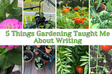 5 Things Gardening Taught Me About Writing over pictures of flowers and tomatoes