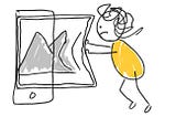 Hand-drawn illustration of person trying to squeeze an oversized image into a iphone