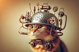 A cute kitten wearing a colander