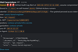 Screenshot of a Slack message posted by “GitHub Canarytokens” containing a “GitHub Audit Log Alert”. Message contains the timestamp, token used, URL, action (“api.request”), source IP and User Agent (“GitHub CLI 2.90.0”). The raw event is attached as well as comment indicating the location where the token was stored (“Stored in ~/.netrc on self-hosted ubuntu GitHub Actions runners”)