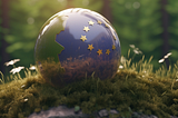 An image of a healthy globe growing in a dynamic and changing environment in daylight, included the EU flag.