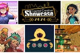A grid of five images, including the logo for the Capital Creative showcase 2026. Around it are images from the games, Wherever You Get Your Podcasts, HerSalon, Fugue Shot, Prickles, and Puzzle Spy International.