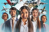 A photorealistic illustration of diverse customer service representatives from varying real-world nationalities wearing headsets, surrounded by travel-related icons such as airplanes, luggage, passports, and weather symbols, to visually-convey the comprehensive offshore customer support provided by travel insurance customer service outsourcing teams, highlighting the adaptability and responsiveness of services offered.
