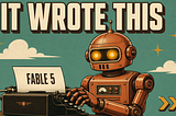Hero illustration for Claude Fable 5 guide: retro robot typing its own launch article, It Wrote This headline