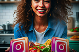 A smiling young woman is holding a plate that has food on it. Two Instagram logos are also on the plate.