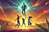 Father floating in the air, held up by energy created by his children