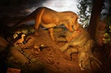 The Tyrannosaurus rex, Dromaeosaurus, Triceratops, and Struthiomimus diorama at the Milwaukee Public Museum in Milwaukee, Wisconsin.