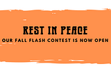 Title card for The Arcanist flash fiction contest ‘rest in peace’ on an orange background.