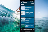 Surfer riding a huge wave under a screenshot similation of Flipboard’s Surf app
