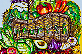 Hand drawn picture of a basket overflowing with nourishing fruits and vegetables.