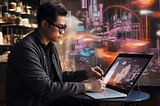 An AI-generated image of “A designer looking at an AI-generated image and sketching something based on that.” A man with glasses is looking and using a pen on a touch-screen laptop with some schematics on it.