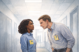 Black woman engineer in an office hallway faces a white male coworker leaning toward her, both wear engineering badges