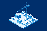 Illustration of a construction site with a crane lifting UI components.