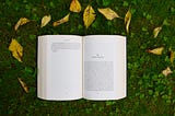 Open paperback book over grass and leaves.