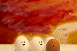 Amidst the backdrop of a fiery sky, some eggs seem angry at another egg, who is about to be selected by the hand of God.