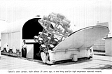 Caltech’s solar furnace, built in 1922, used for high temperature materials research, pictured with (likely) Dr. Eugene Loh in 1956.