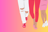 The legs of 3 women walking in front of a pink and yellow background