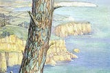 This Atkinson painting features a fairy practically birthing out of a hawthorne or oak tree, which seems to be painted with light green lichen. She is winged, fair, slight, shirtless, and is gazing in wonder at a magnificent blue sky. Beneath the tree is the a blue-green ocean and jagged cliffs.