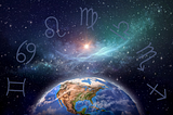 Image of the earth in the foreground and the Sun in the distance with some of the zodiac signs floating above.