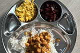 Chole & Rice, Beetroot Curry and Scrambled Eggs