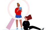 A girl stood up looking at her iPad with a big magnifying glass over her. She is accompanied with a friend sitting on the floor.