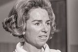 A black and white picture of the late Ethel Kennedy’s face