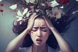 Suffering woman holding her had whilst white and read petals come out of it.