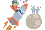 An illustration of me on a rocket ship waving