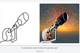 A screen shot of an AI output of a sketch from https://scribblediffusion.com/ Prompt: a professional woman looking through a telescope