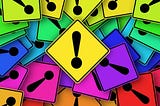 Alot of bright yellow, pink, blue, red, and orange neon Post-its printed with black thick exclamation marks relays to the point made that overusing exclamation marks is never good form.