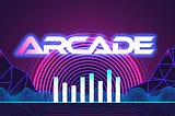The “Arcade” logo. Arcade is spelled in tron-like font. The letters fade from violet to white. The background is purple with a lighter purple “rainbow” behind the logo. Uneven audio display bars jut up from a neon light blow line at the bottom. On both sides are dark purple video game-y mountains with lighter lines that make the mountains look like they’re made up of triangles.