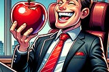 A man in a business suit eating a red apple and looking very pleased with himself