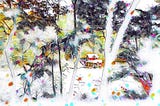 An unfinished looking filtered image of a landcape with a house and trees. You cannot see the lake that the house sits on.