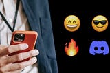 Image showing person holding a phone on the left and different emojis on the right including Discord logo.