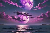 two purple moons reflected in the ocean