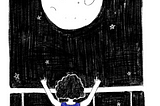 A young person with curly hear, starring out at a full moon, back turned with hands raised. They are wearing a red dress and stars are visible.