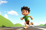 A cartoon boy sprinting on a road, full of energy and determination.