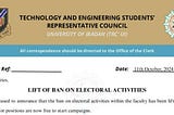 Technology and Engineering Students' Representative Council Lifts Ban on Electoral Activities.