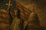 The Statue of Liberty holding a cross in front of a waving American flag and the Capitol Building.